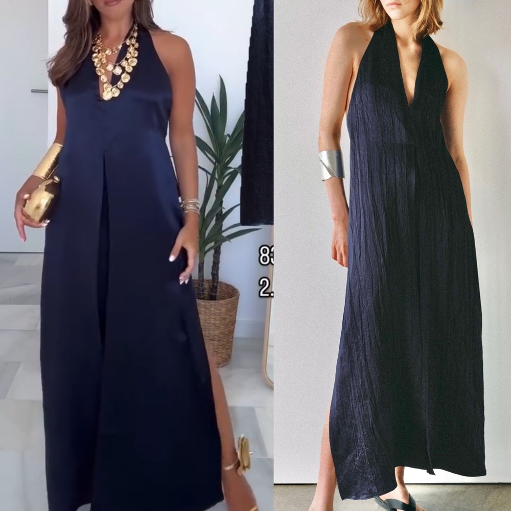 Zara NWT navy blue satin v neck halter top neck open back flowy midi dress